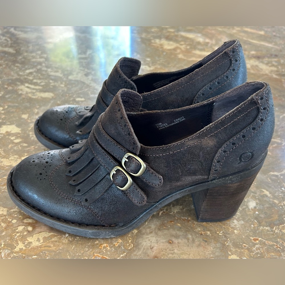 Born | Women’s dark brown leather Hazel booties, fringe/double buckle front, 10M